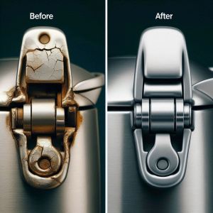 Before and after shot of an electric tea kettle lid hinge. The before image shows a rusty, cracked hinge. The after shot shows it repaired and looking brand new.